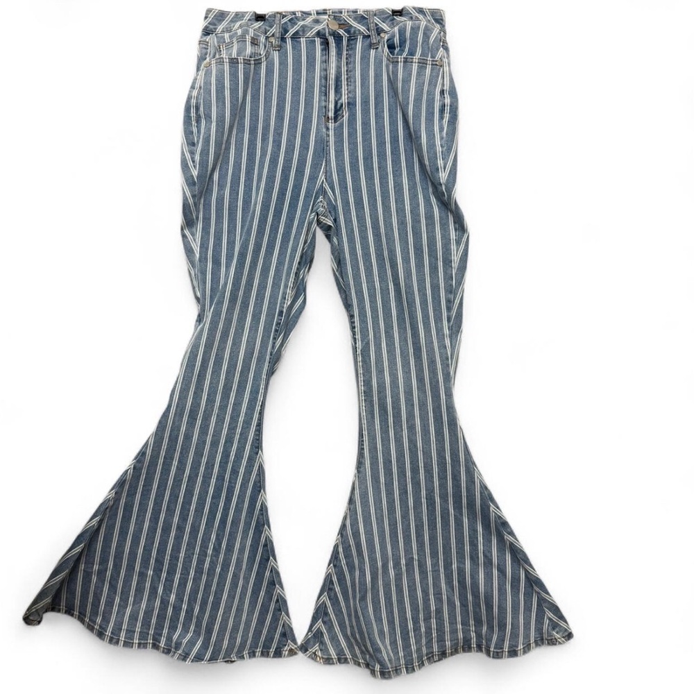 ARULA Blue and White Striped Flare Jeans